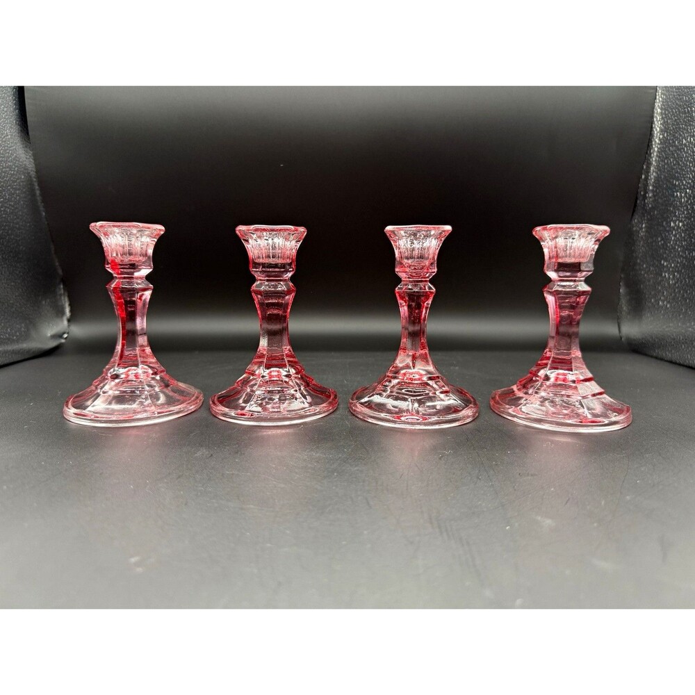 Set of 4 Pink Glass Candlesticks vintage Libbey?